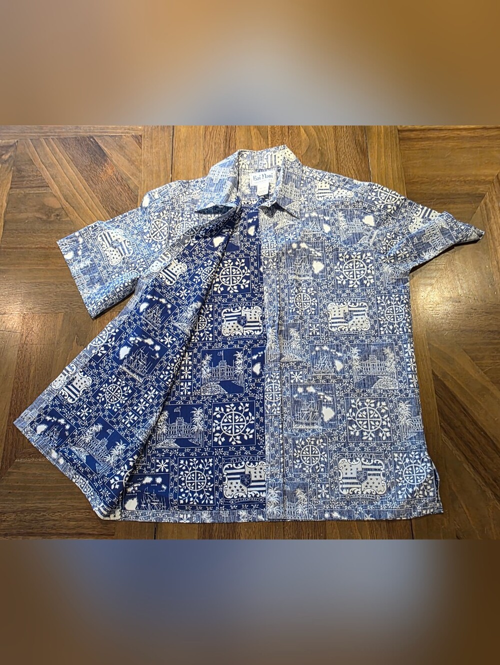 Rai Nani Hawaiian Shirt Sz Large Hawaii Scenes Reverse Print Blue White Vintage